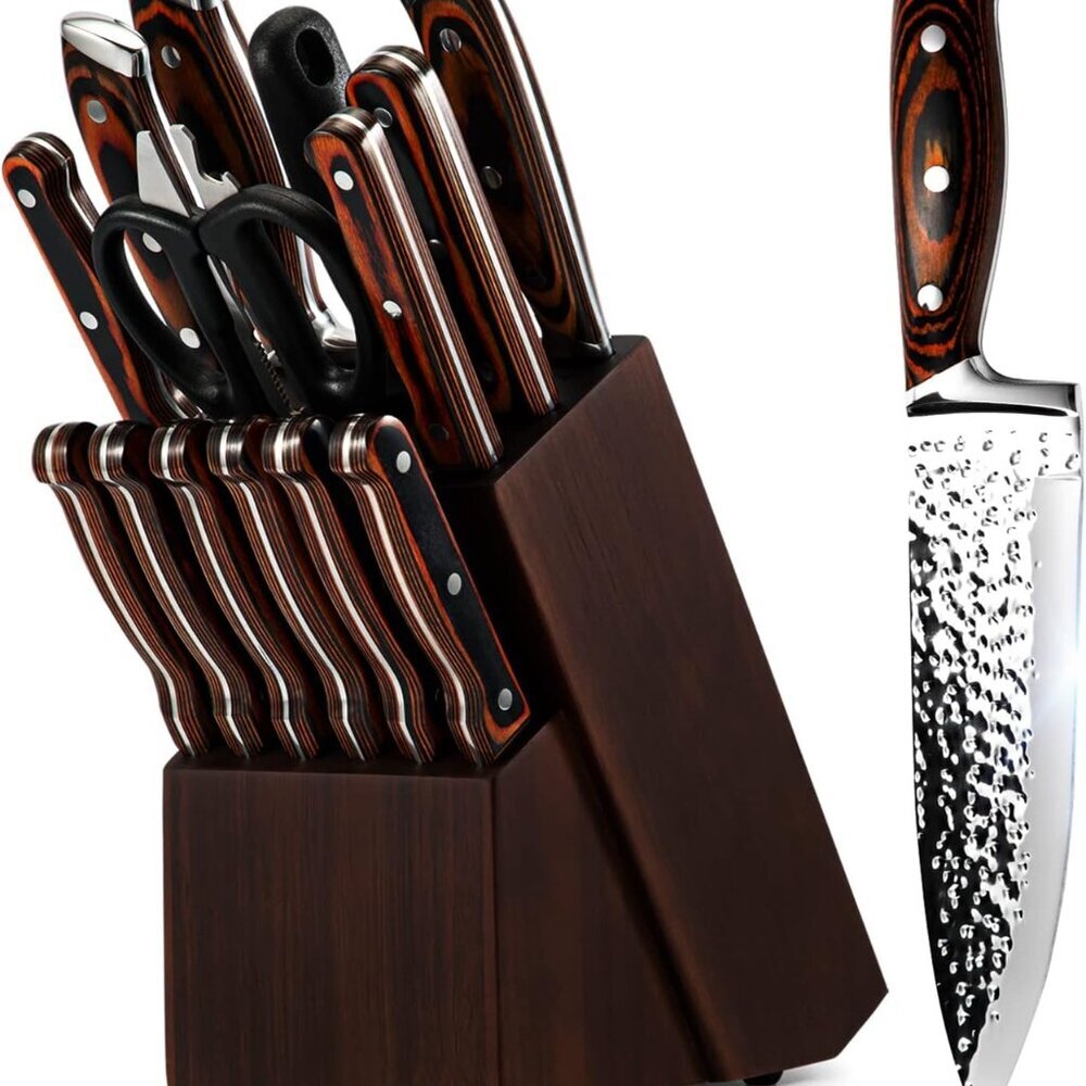 Kitchen Knife Set,15-Piece Knife Set With Block Wooden,Self Sharpening For Chef